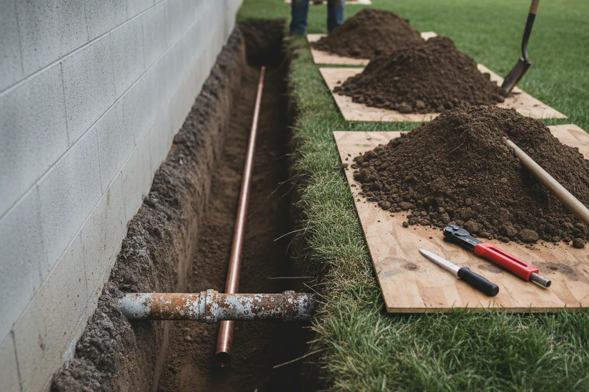 Excavated water line trench during Water Heater Repair in Mayo